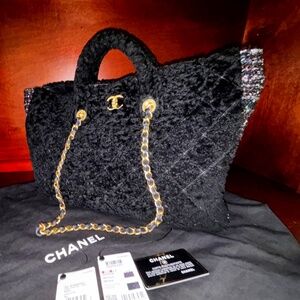 Chanel Large Shopping Bag- Black Wool Tote with sequins